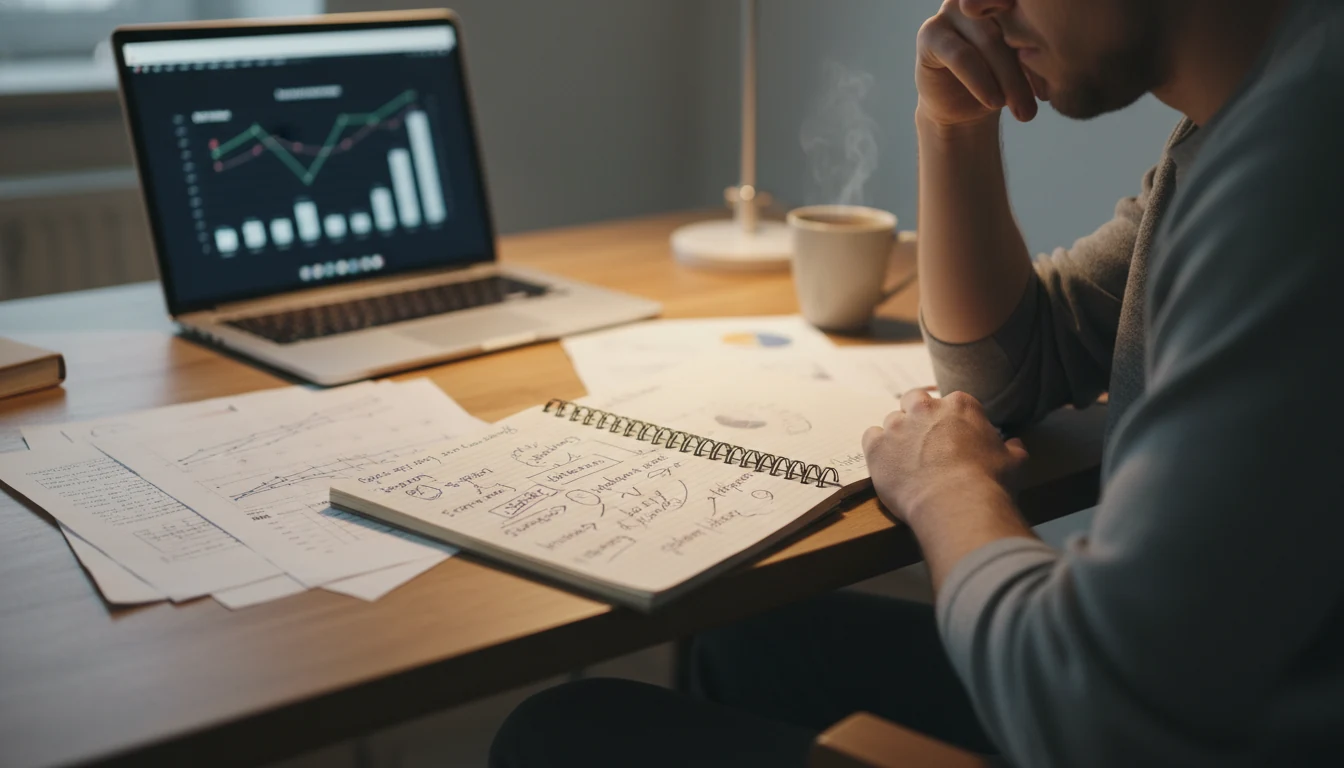 Person thoughtfully reviewing betting notes and statistics