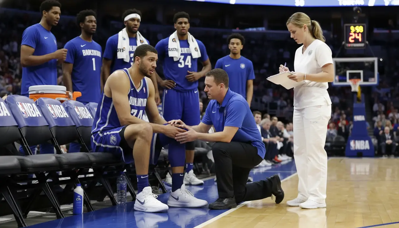 NBA player being evaluated by team trainer on sideline