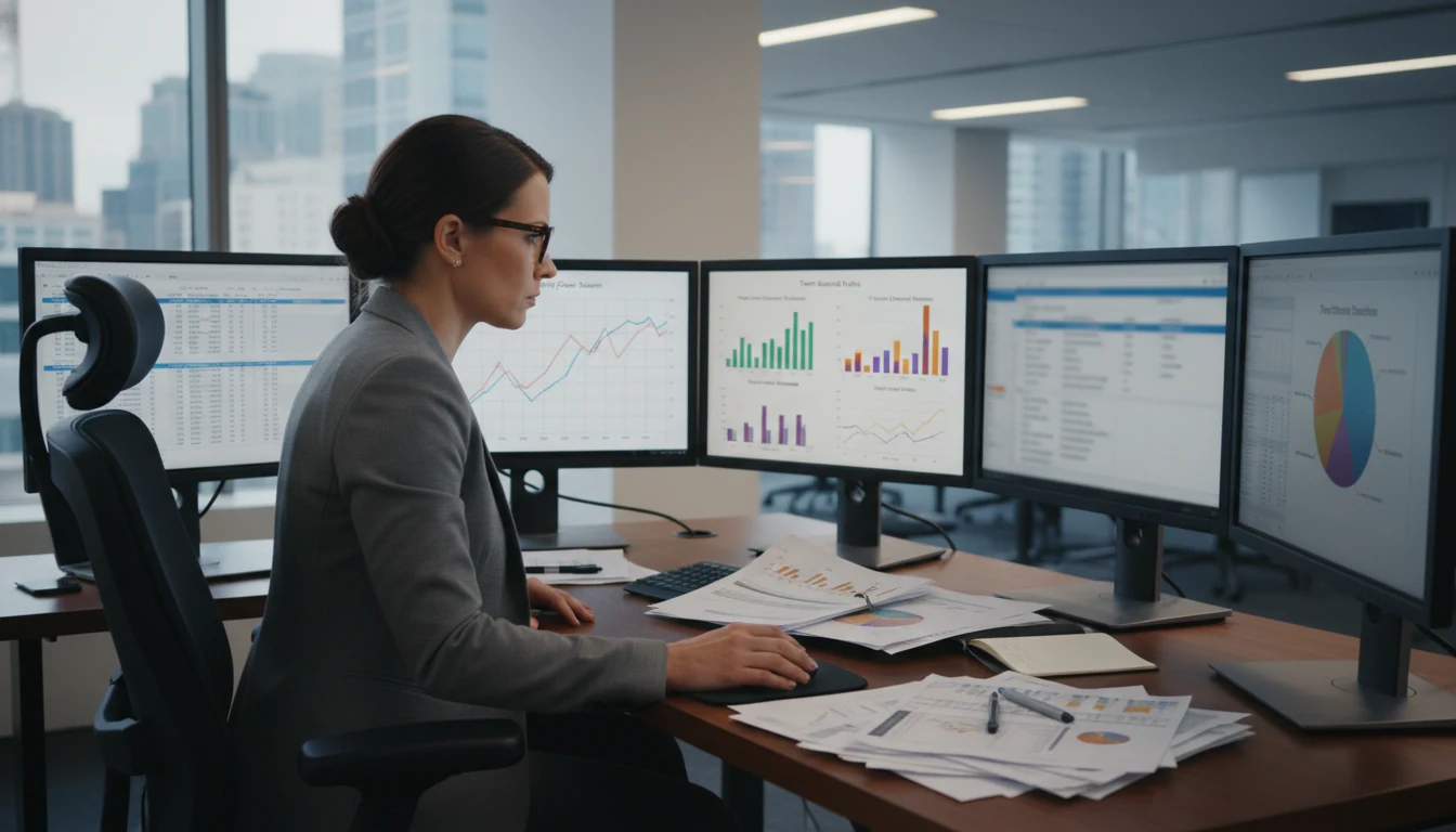 Sports analyst reviewing basketball statistics on multiple monitors