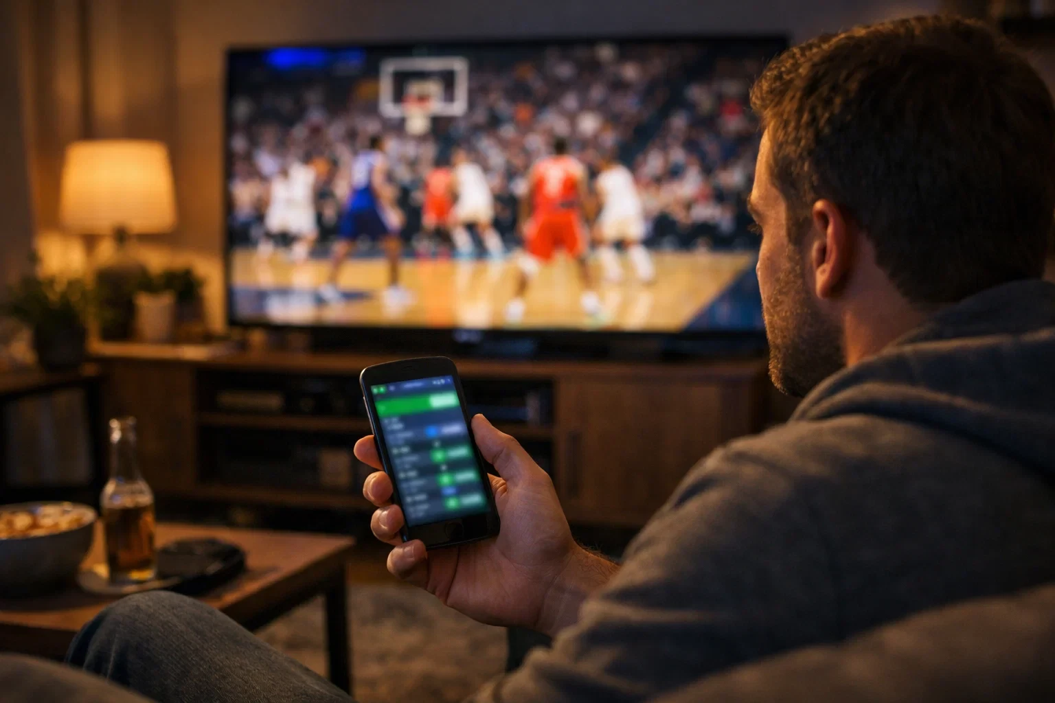 Person watching NBA game while checking betting app